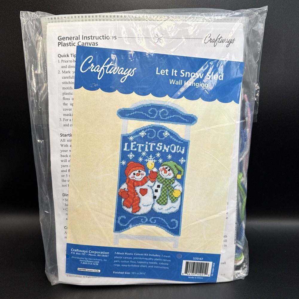 Christmas Needlepoint Kit Let It Snow Sled Wall Hanging~ 10 X 24" Plastic Canvas
